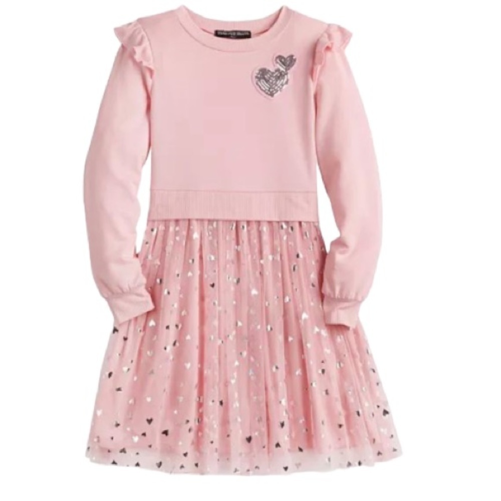 Dress Valentines girls Three Pink Hearts dress Mesh over Skirt long sleeve S
C